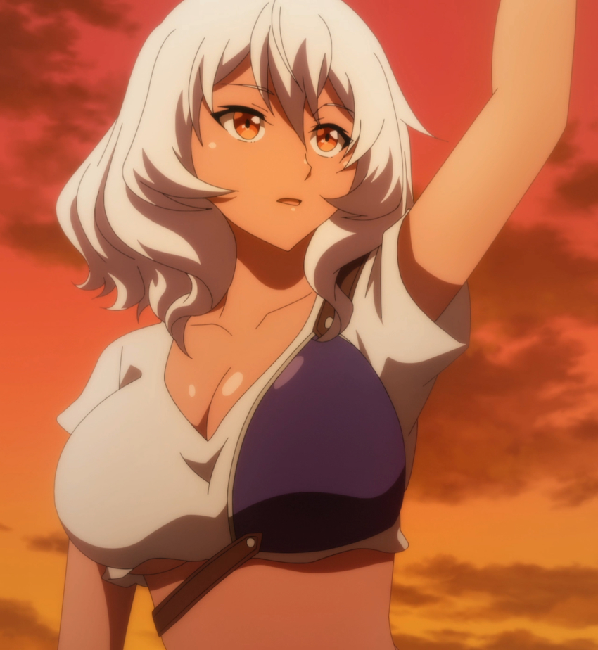 1girl, absurdres, anime_screenshot, arm_up, artoria_gremm, breasts, cleavage, collarbone