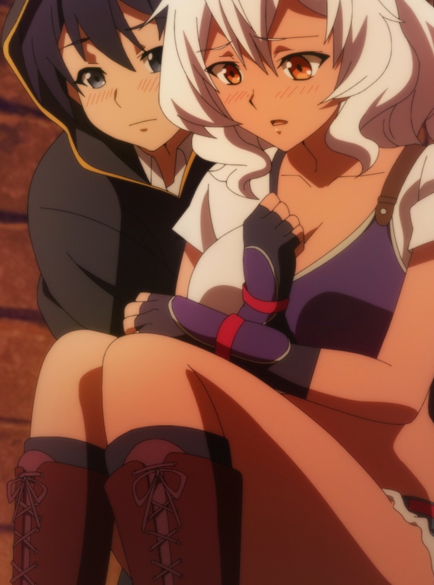 1boy, 1girl, anime_screenshot, artoria_gremm, belt, black_gloves, black_hair, black_robe, blue_eyes, blush, boots, breasts, carrying, cleavage, collarbone, dark-skinned_female, dark_skin, fingerless_gloves, gloves, hair_between_eyes, highres, hiiragi_seiichi, large_breasts, multicolored_shirt, robe, shinka_no_mi, shirt, shorts, stitched, thighs, third-party_edit, white_hair, white_shirt, yellow_eyes