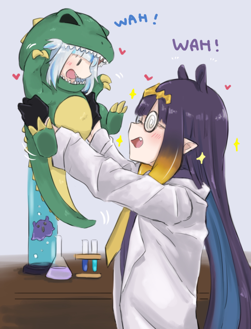 aoi_(aoisaka), blunt_bangs, coke-bottle_glasses, cosplay, costume, gawr_gura, glasses, godzilla