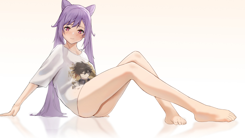 1girl, barefoot, black_hair, blush, bottomless, breasts, brown_hair, collarbone