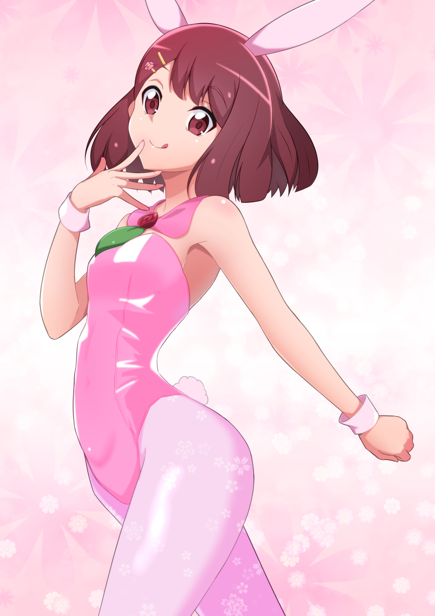 1girl, :p, absurdres, animal_ears, armpit_crease, bare_shoulders, blunt_ends, brown_eyes