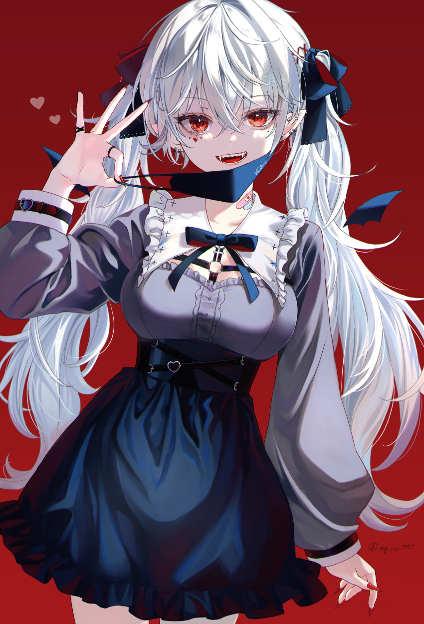 1girl, absurdres, bandaid, bandaid_on_neck, black_ribbon, black_skirt, breasts, cleavage, cowboy_shot, facial_mark, fangs, fingernails, frilled_shirt, frilled_skirt, frills, genderswap, genderswap_(mtf), grey_shirt, hair_between_eyes, hair_ribbon, hana_arare, heart, high-waist_skirt, highres, jewelry, kuzuha_(nijisanji), large_breasts, long_fingernails, long_hair, long_sleeves, looking_at_viewer, mask, mask_pull, mole, mole_under_eye, mouth_mask, multiple_rings, nail_polish, nijisanji, o-ring, pulling_own_clothes, red_background, red_eyes, red_nails, ribbon, ring, sharp_fingernails, shirt, silver_hair, simple_background, skirt, solo, tagme, teeth, twintails, twitter_username, very_long_hair, virtual_youtuber