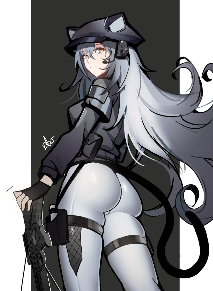 1girl, absurdres, animal_ears, arknights, ass, belt_pouch, black_gloves, black_hat