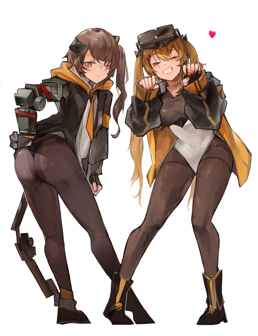 2girls, absurdres, adapted_costume, black_gloves, black_jacket, black_pantyhose, brown_eyes, brown_hair