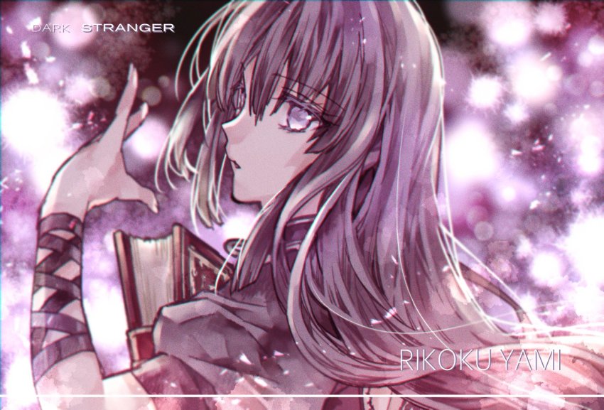 1girl, black_hair, book, character_name, commentary, commentary_request, cross-laced_clothes, english_text