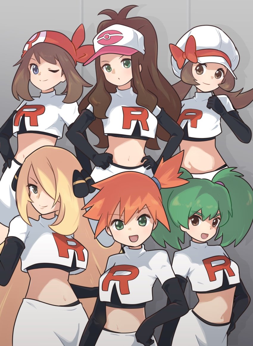 6+girls, :d, aqua_eyes, bad_id, bad_twitter_id, bandana, baseball_cap, blue_eyes, breasts, brown_eyes, brown_hair, closed_mouth, cosplay, crop_top, cynthia_(pokemon), duplica_(pokemon), elbow_gloves, gloves, grey_background, grey_eyes, hair_ornament, hair_over_one_eye, hand_on_own_hip, hands_on_own_hips, hat, highres, hilda_(pokemon), long_hair, looking_at_viewer, lyra_(pokemon), may_(pokemon), medium_hair, midriff, misty_(pokemon), multiple_girls, navel, nintendo, one_eye_closed, open_mouth, pencil_skirt, pokemon, pokemon_(anime), pokemon_(classic_anime), pokemon_black_and_white, pokemon_diamond/pearl/platinum, pokemon_heartgold_and_soulsilver, pokemon_red/green/blue/yellow, pokemon_ruby/sapphire/emerald, ponytail, poyo_party, print_shirt, shirt, side_ponytail, simple_background, skirt, smile, team_rocket, team_rocket_grunt, team_rocket_grunt_(cosplay), team_rocket_uniform, twintails, v-shaped_eyebrows, very_long_hair, white_skirt
