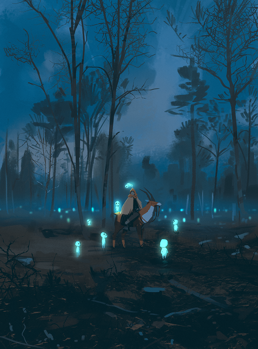 1boy, ashitaka, forest, glowing, highres, kodama, mononoke_hime, multiple_others, nature, night, scenery, serow, sky, snatti, tree, yakul