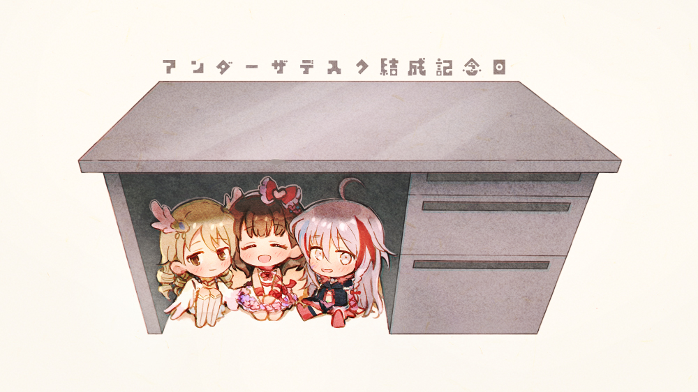 3girls, ^_^, ^o^, ahoge, blush, chibi, closed_eyes, desk