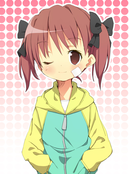 00s, 1girl, amaa_(chou_dennou_jidai), bad_id, bad_pixiv_id, bandaid, blush, brown_eyes