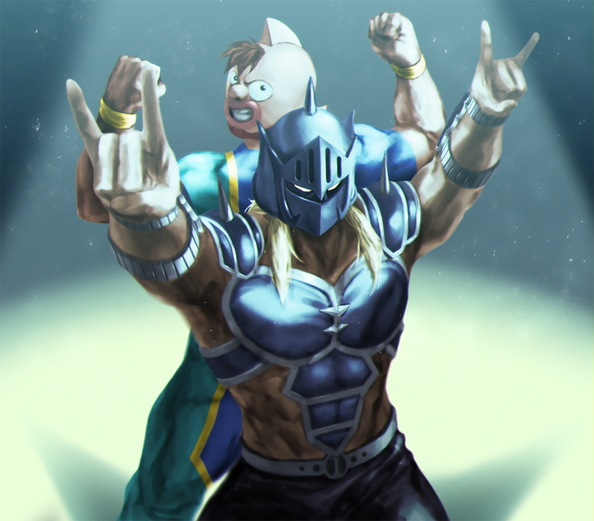 2boys, abs, armor, artist_request, blonde_hair, bodysuit, breasts, brown_eyes