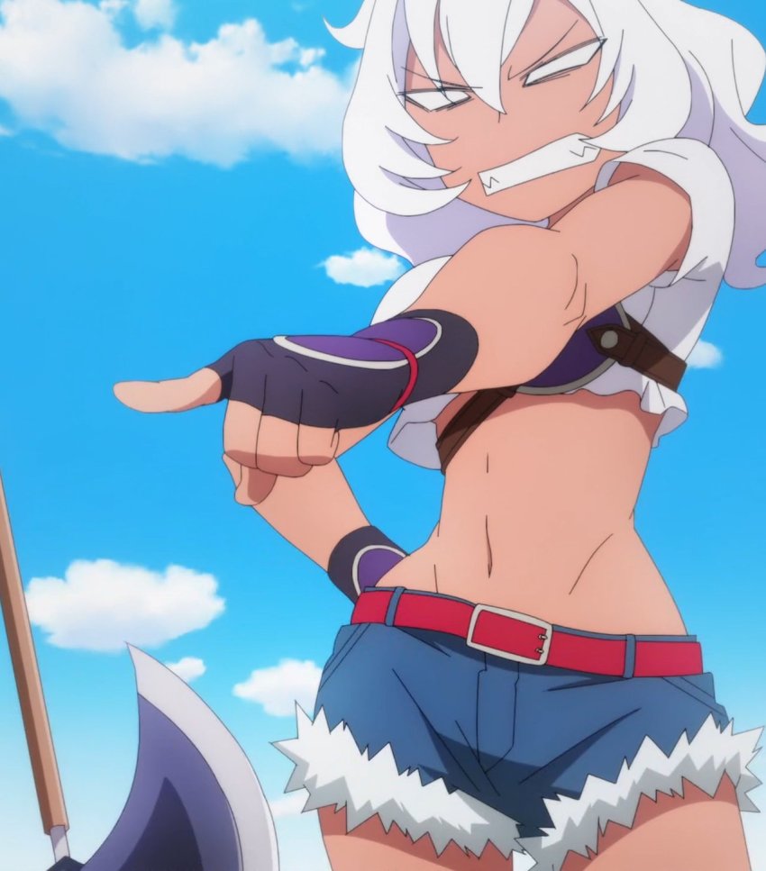 1girl, angry, anime_screenshot, artoria_gremm, axe, belt, black_gloves, breasts