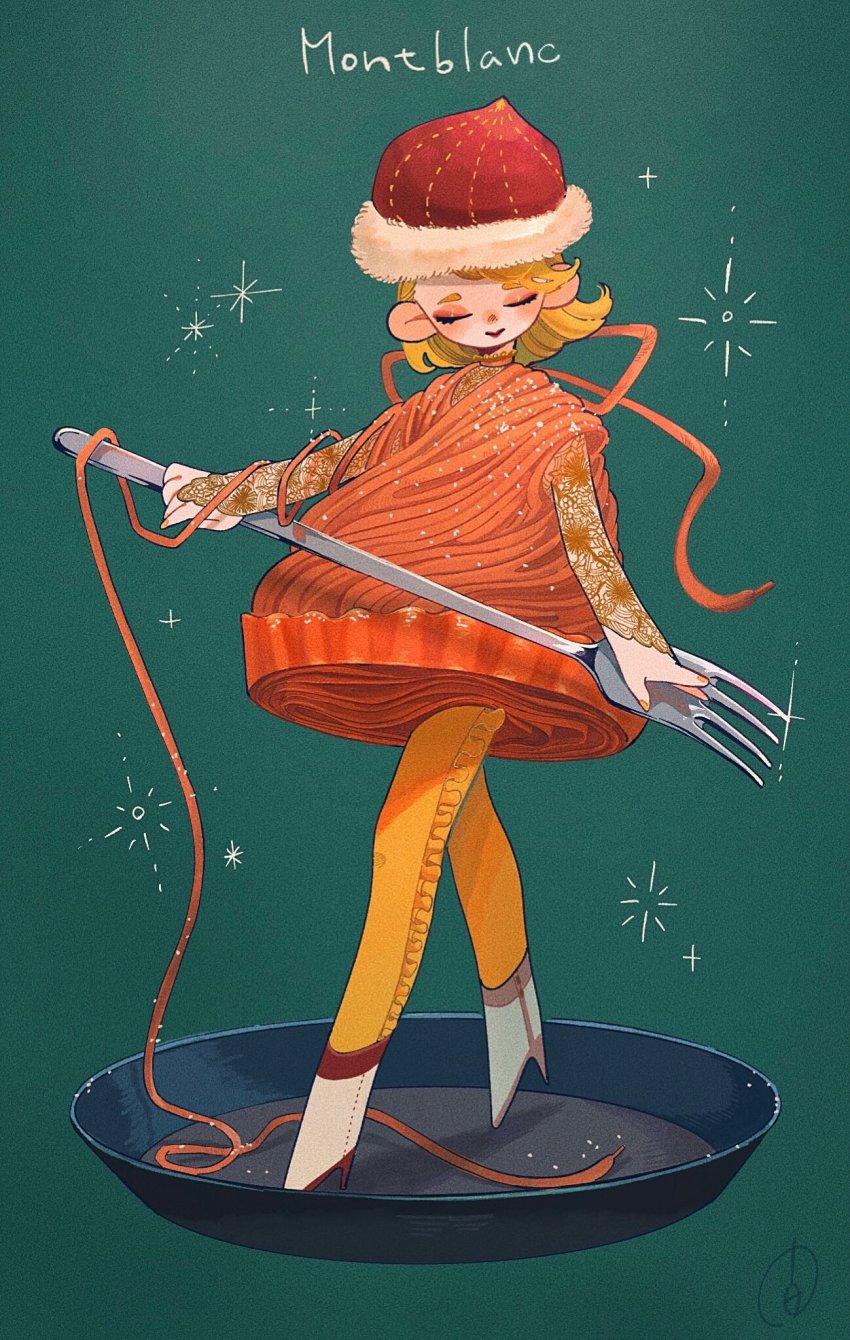 1girl, aida_mogmog513, aqua_background, blonde_hair, blush, boots, closed_eyes, food