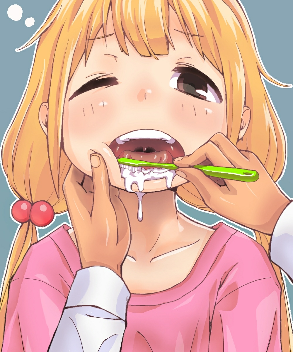 1boy, 1girl, blonde_hair, blue_background, blush, brown_eyes, brushing_another's_teeth, brushing_teeth, cheek_press, collarbone, commentary_request, dripping, fingernails, futaba_anzu, hair_bobbles, hair_ornament, highres, idolmaster, idolmaster_cinderella_girls, long_hair, looking_at_viewer, low_twintails, one_eye_closed, open_mouth, outline, pink_shirt, pov, pov_hands, shirt, simple_background, squeans, solo_focus, tadanoshi_kabane, teeth, tongue, toothbrush, twintails, upper_body, uvula, white_outline