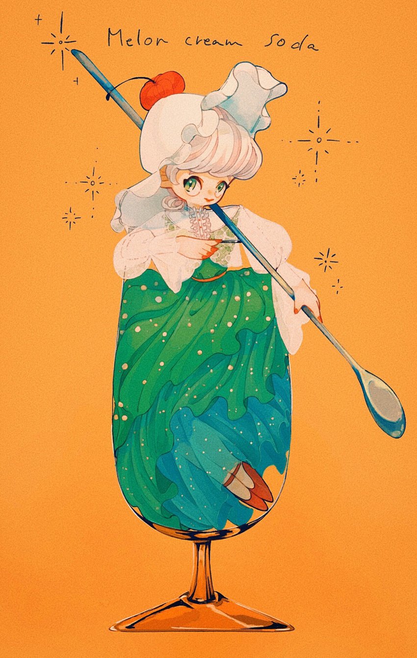 1girl, aida_mogmog513, cherry, english_text, food, frilled_hat, frills, fruit