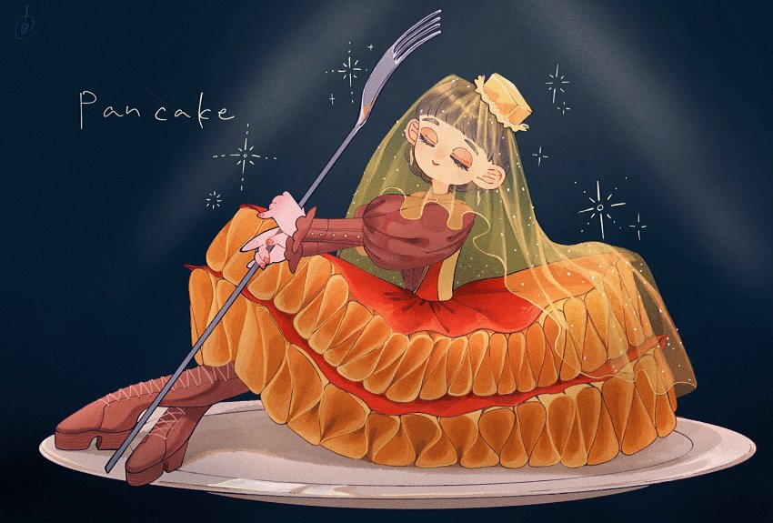 1girl, aida_mogmog513, black_hair, boots, brown_boots, butter, closed_eyes, food, fork, full_body, highres, holding, holding_fork, nail_polish, original, oversized_object, pancake, personification, pink_nails, plate, shadow, short_hair, sitting, smile, solo, veil