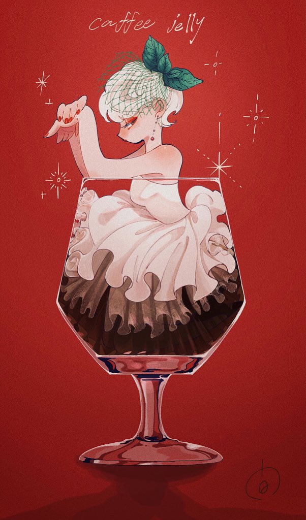 1girl, aida_mogmog513, cup, dress, earrings, eyeshadow, gradient_background, half-closed_eyes, jewelry, makeup, nail_polish, original, personification, profile, red_background, red_eyeshadow, red_nails, short_hair, sleeveless, sleeveless_dress, solo, white_dress, white_hair