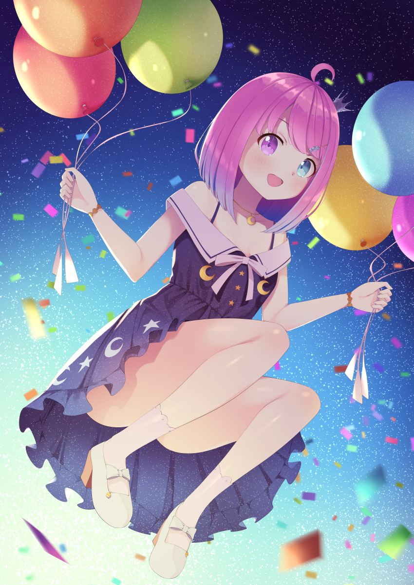 1girl, absurdres, ahoge, balloon, blue_dress, blue_eyes, blurry, blurry_foreground