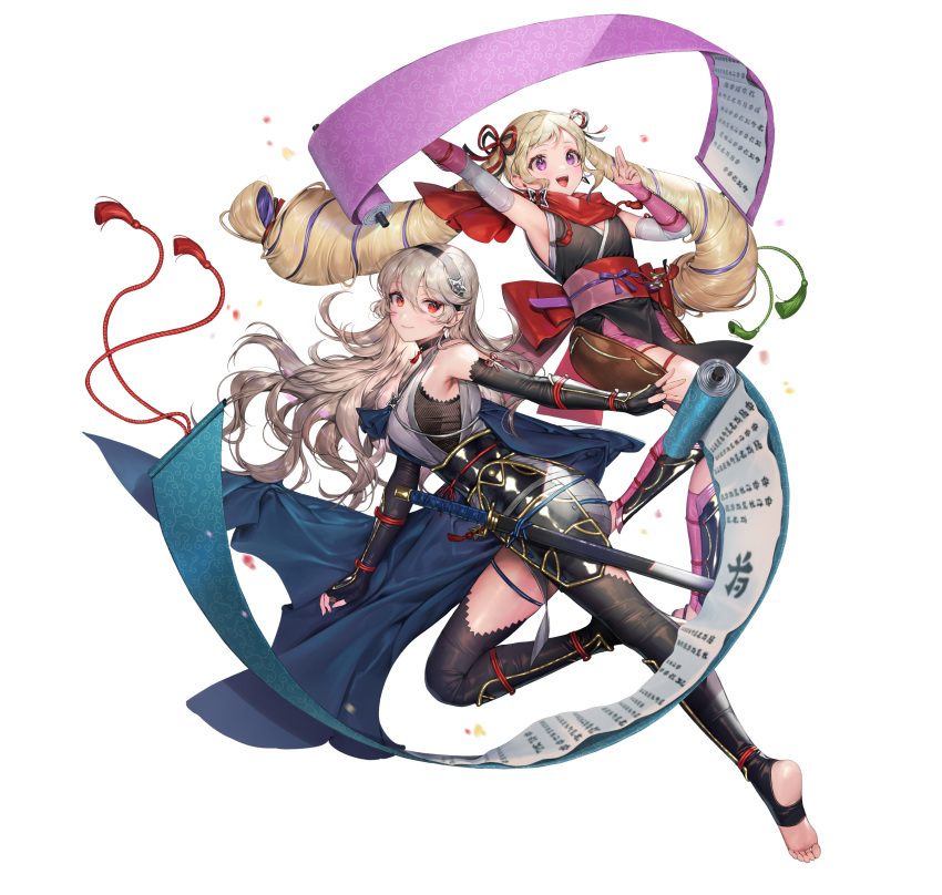 2girls, absurdres, alternate_costume, arm_guards, armor, armpits, bare_shoulders, black_gloves, black_legwear, blonde_hair, blush, bow, bowtie, breasts, cape, closed_mouth, commentary_request, female_corrin_(fire_emblem), female_corrin_(ninja)_(fire_emblem), earrings, elbow_gloves, elise_(fire_emblem), elise_(ninja)_(fire_emblem), fingerless_gloves, fire_emblem, fire_emblem_fates, fire_emblem_heroes, floating, floating_object, full_body, gloves, hair_ornament, hairband, highres, japanese_clothes, jewelry, long_hair, looking_away, medium_breasts, multiple_girls, ninja, nintendo, obi, official_alternate_costume, official_art, open_mouth, pelvic_curtain, pointy_ears, purple_eyes, red_eyes, sandals, sash, scroll, sencha_(senchat), shin_guards, shiny_clothes, shiny_skin, shuriken_earrings, silver_hair, simple_background, sleeveless, smile, sword, thighhighs, twintails, weapon, white_background