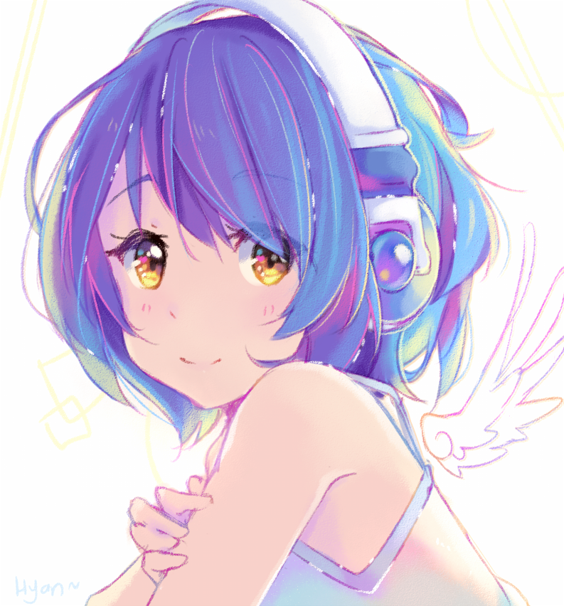 1girl, angel_wings, blue_hair, closed_mouth, headphones, hyanna-natsu, medium_hair, mini_wings