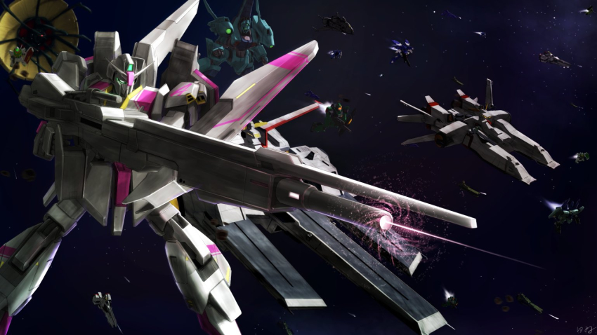 beam_cannon, commentary_request, energy_gun, firing, gm_ii, green_eyes, gundam, gundam_evolve