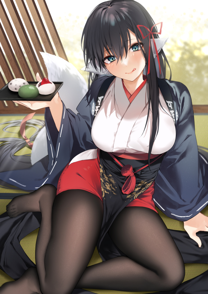 1girl, absurdly_long_hair, animal_ears, aqua_eyes, aquaplus, black_hair, blush, breasts, clothing_cutout, coat, danimaru, feet, food, from_above, full_body, gradient_eyes, hair_between_eyes, hair_over_breasts, hair_over_one_breast, hair_ribbon, haori, head_tilt, highres, hip_vent, holding, holding_plate, indoors, japanese_clothes, kimono, kimono_skirt, large_breasts, licking, licking_lips, lips, long_hair, long_sleeves, looking_at_viewer, multicolored_eyes, official_art, pantyhose, plate, raised_eyebrows, ribbon, sidelocks, single_sidelock, sitting, skin_tight, smile, solo, straight_hair, tail, thighs, tongue, tongue_out, utawarerumono, utawarerumono:_lost_flag, utawarerumono:_lost_flag_support_illustration_relay, very_long_hair, wide_sleeves, yunishia