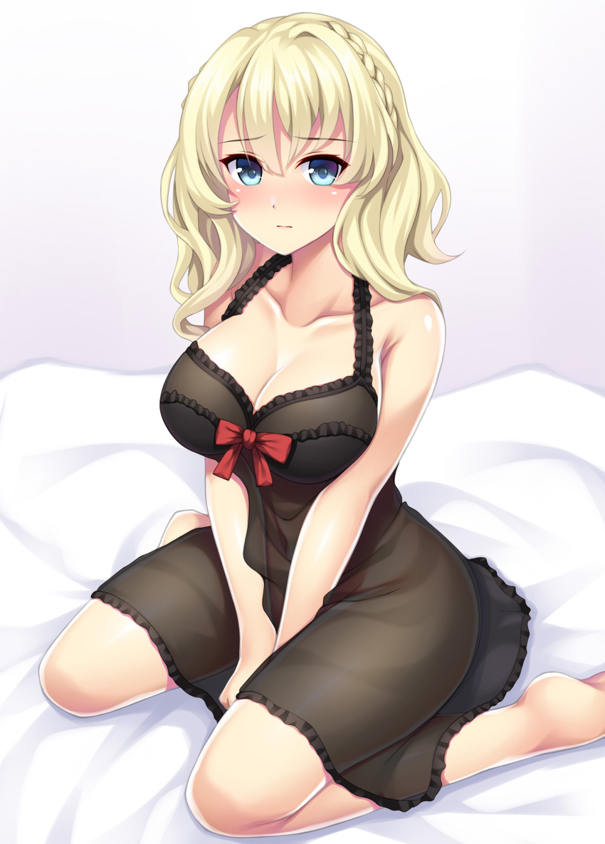 1girl, absurdres, barefoot, bed_sheet, black_dress, blonde_hair, blue_eyes, blush