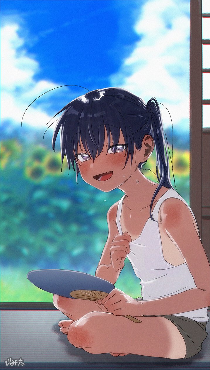1boy, adjusting_clothes, androgynous, bare_legs, barefoot, black_hair, blurry, blurry_background, blush, child, cloud, collarbone, day, fang, ferea_bimi, flower, full_body, hair_between_eyes, hair_over_shoulder, hand_fan, highres, hot, ichihashi_kei, inaka_ni_kaeru_to_yakeni_natsuita_kasshoku_ponytail_shota_ga_iru, indian_style, looking_at_viewer, male_focus, open_mouth, original, purple_eyes, shirt_tan, short_shorts, shorts, shorts_tan, sitting, skin_fang, sliding_doors, solo, sunflower, sweat, tan, tank_top, tanline, toes, twintails, white_tank_top
