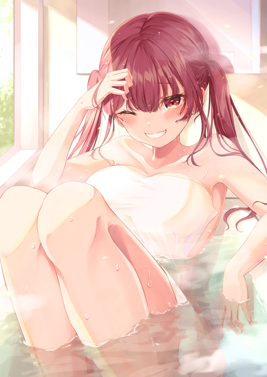 1girl, absurdres, bath, bathing, bathtub, blunt_bangs, blush, breasts, collarbone, commentary_request, grin, hand_in_own_hair, highres, hololive, houshou_marine, knees_up, large_breasts, long_hair, looking_at_viewer, naked_towel, nude, one_eye_closed, red_eyes, red_hair, shagaihi, sitting, smile, solo, steam, teeth, towel, twintails, virtual_youtuber, wet, window