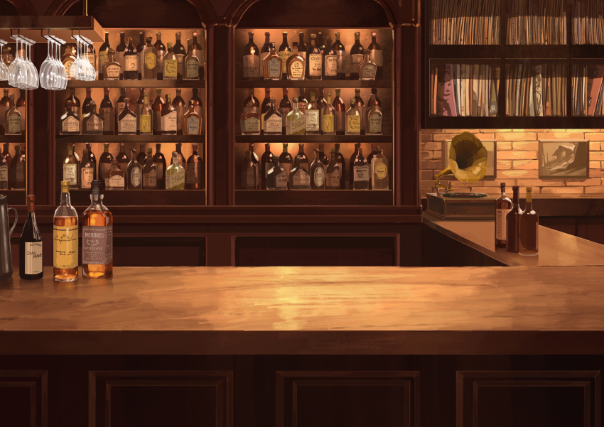 absurdres, album_cover, alcohol, bar_(place), beer, beer_bottle, bottle, commentary_request