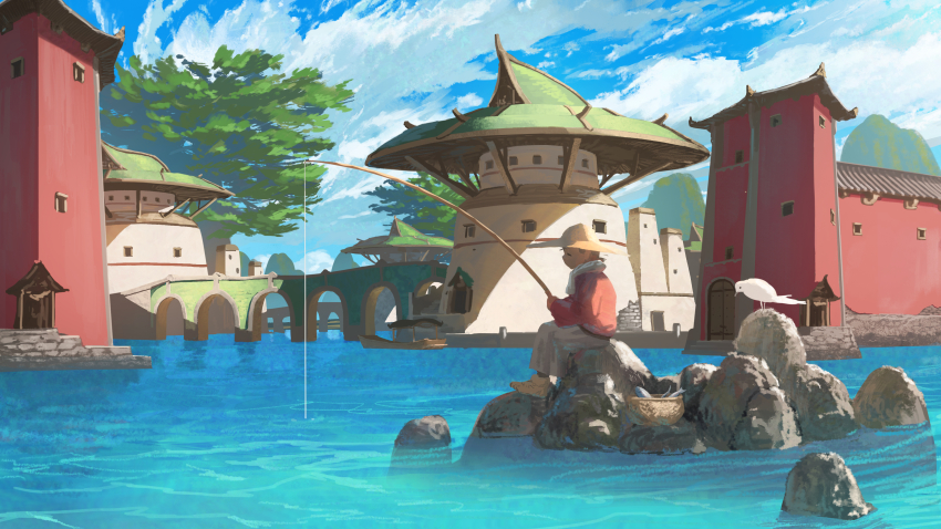 1other, absurdres, basket, bird, boots, bridge, brown_hair, building