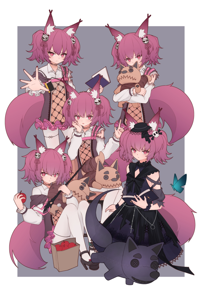 1girl, animal_ears, ankleband, apple, arknights, bag, black_dress, black_footwear