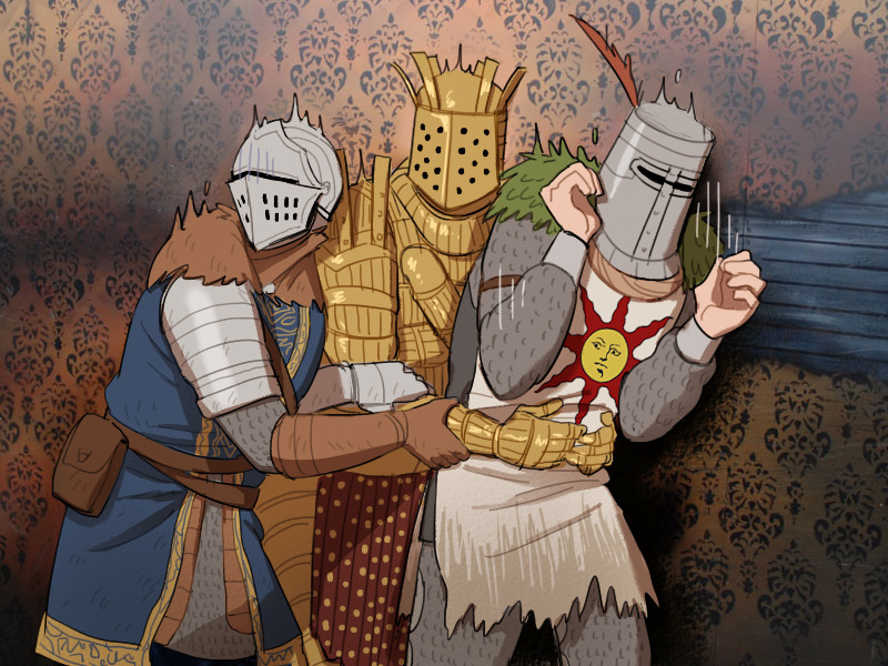 3boys, armor, dark_souls_(series), essor0706, full_armor, gauntlets, grabbing_from_behind, helmet