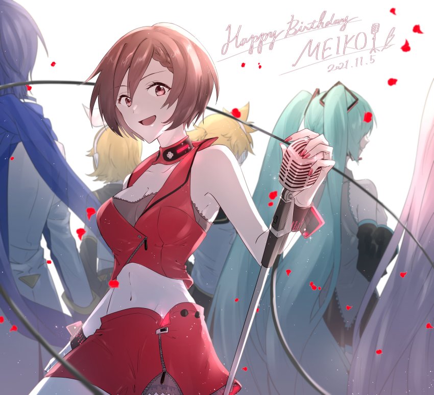 2boys, 4girls, absurdres, aqua_hair, backlighting, bare_arms, bare_shoulders, black_bra