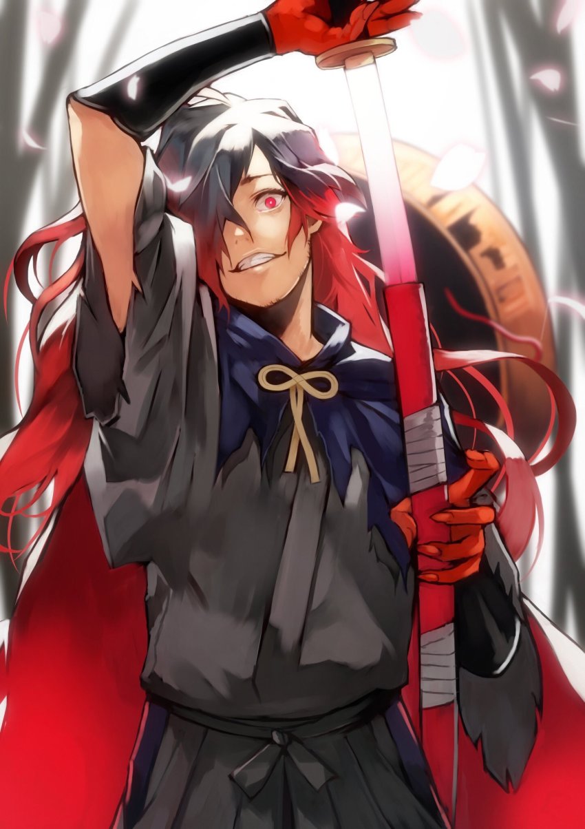 1boy, alternate_hair_color, alternate_hairstyle, bamboo, black_hair, cloak, commentary_request, detached_sleeves