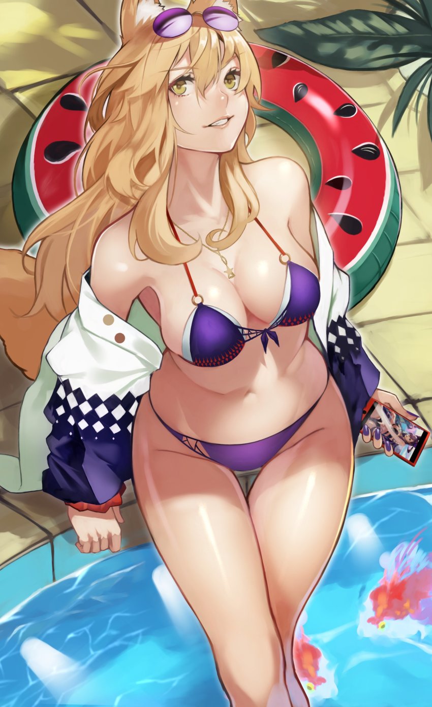 1girl, absurdres, animal_ear_fluff, animal_ears, bare_shoulders, bikini, blonde_hair, breasts