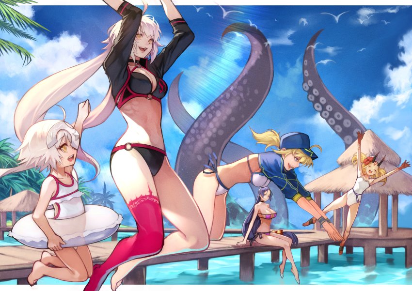 5girls, absurdres, ahoge, alternate_costume, artoria_pendragon_(fate), barefoot, baseball_cap, bikini