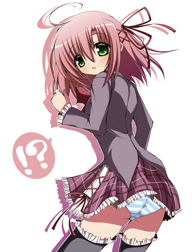 !?, 00s, 1girl, ahoge, blush, bow, female_focus, from_behind, green_eyes, kaga_taichi, panties, pantyshot, pink_hair, ribbon, saga_taichi, sakurano_kurimu, school_uniform, seitokai_no_ichizon, skirt, solo, standing, thighhighs, underwear, upskirt, wind, wind_lift