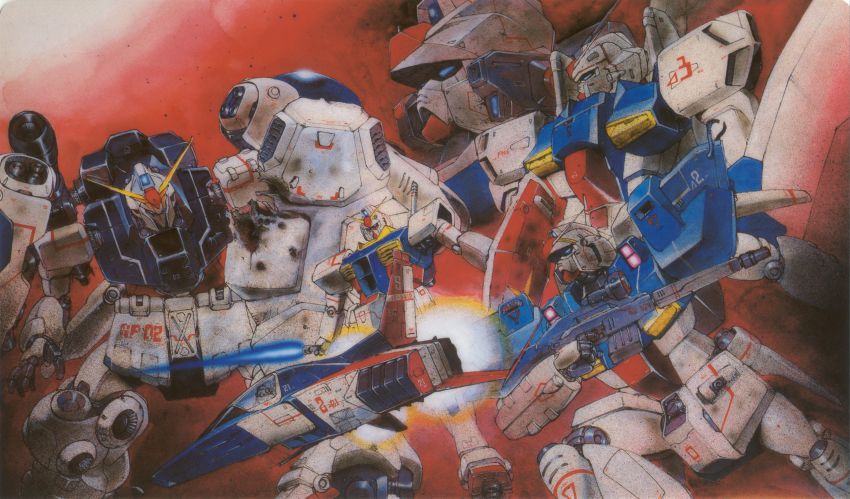 1990s_(style), absurdres, beam_rifle, core_fighter, energy_gun, energy_sword, gun, gundam, gundam_0083, gundam_gp-01_zephyranthes, gundam_gp-02_physalis, gundam_gp-03_stamen, gundam_mk_ii, highres, in-franchise_crossover, kondou_kazuhisa, mecha, mobile_suit_gundam, no_humans, retro_artstyle, robot, rx-78-2_gundam, shield, sword, weapon, zeta_gundam