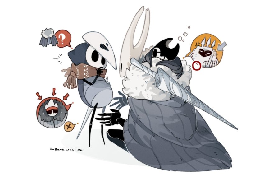 1girl, 1other, 2boys, ?, aged_up, arrow_(symbol), artist_name, brown_scarf, cape, dated, fur_collar, grey_background, grimmchild, highres, holding, hollow_knight, k-bone, knight_(hollow_knight), mask, mato_(hollow_knight), middle_finger, multiple_boys, nail_(hollow_knight), needle, oro_(hollow_knight), pure_nail_(hollow_knight), quirrel, radiance_(hollow_knight), scarf, simple_background, speech_bubble, spoilers, spoken_x, weapon
