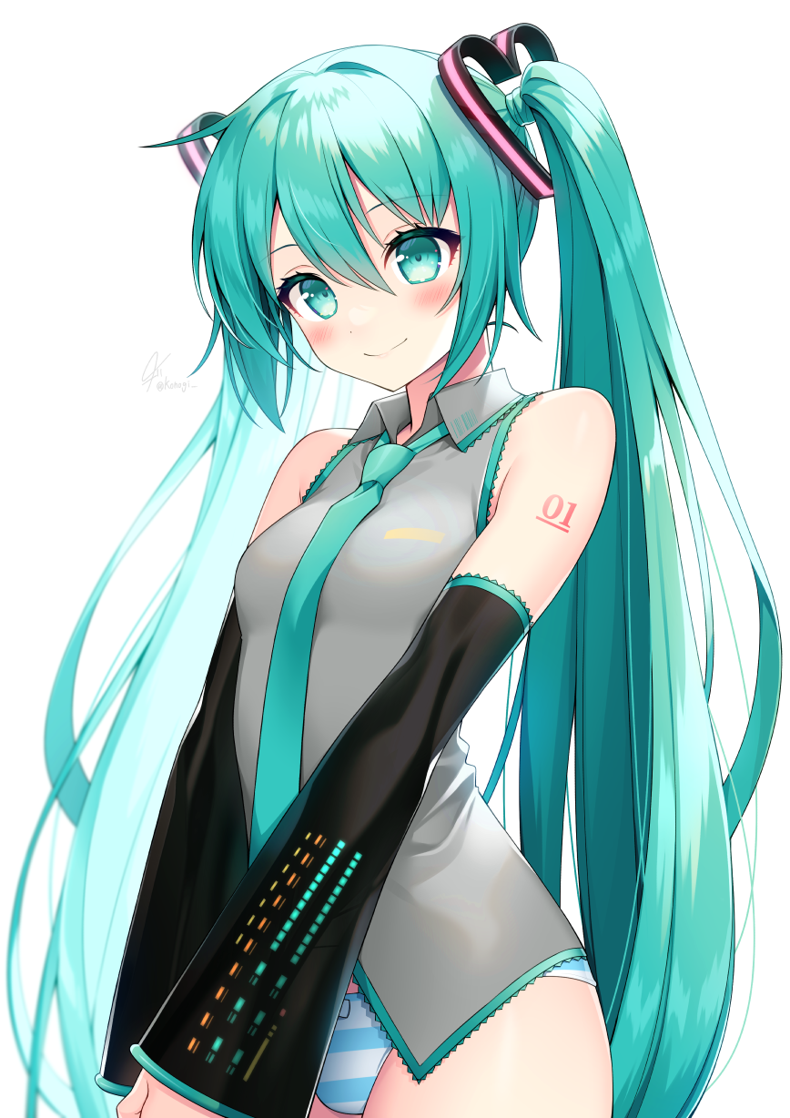 1girl, aqua_necktie, blue_eyes, blue_hair, blue_panties, blush, closed_mouth, collared_shirt