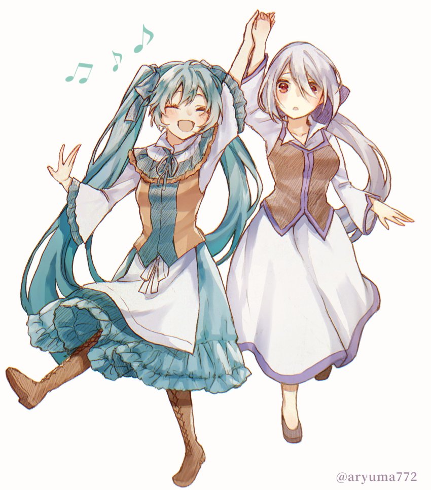 2girls, apron, aqua_dress, aqua_hair, arm_up, aryuma772, beamed_eighth_notes, blush