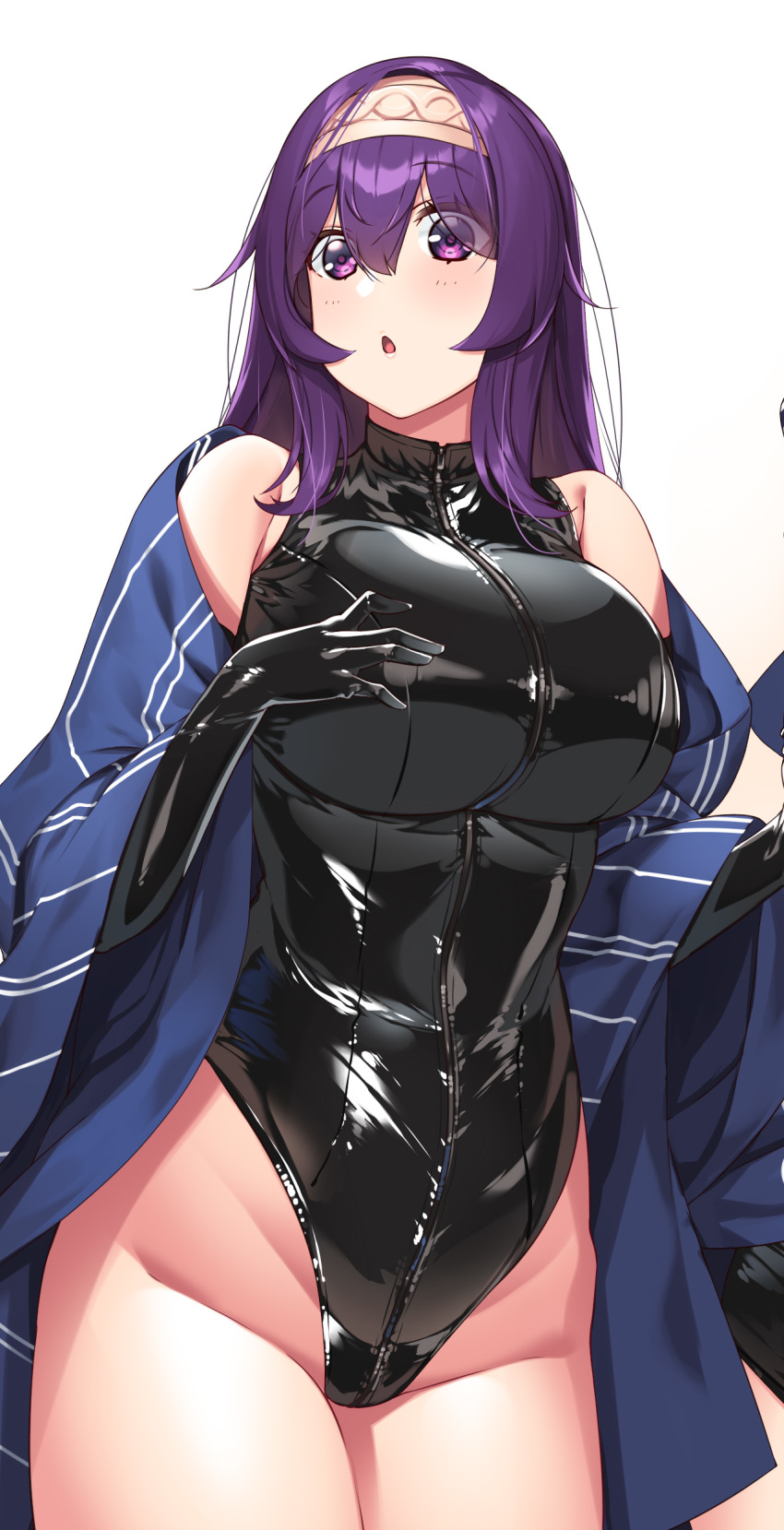 1girl, absurdres, breasts, cosplay, cowboy_shot, elbow_gloves, gloves, hie_(hiememiko), hiememiko, highleg, highleg_leotard, highres, idolmaster, idolmaster_cinderella_girls, large_breasts, latex, latex_gloves, latex_leotard, leotard, original, purple_eyes, purple_hair, sagisawa_fumika, sagisawa_fumika_(cosplay), shiny_clothes, skin_tight, solo