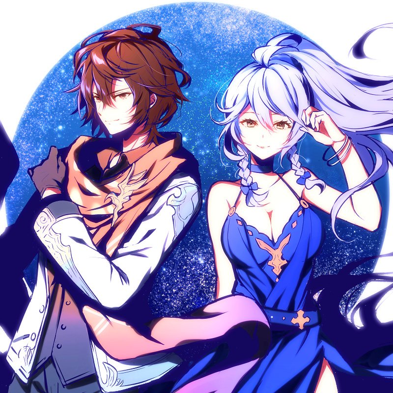 1boy, 1girl, ahoge, bare_shoulders, black_shirt, blue_dress, bracelet, braid