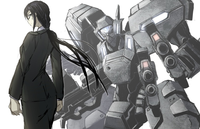 black_hair, clenched_hands, dual_wielding, f-4j_gekishin, formal_clothes, glasses, grey_jacket, grey_skirt