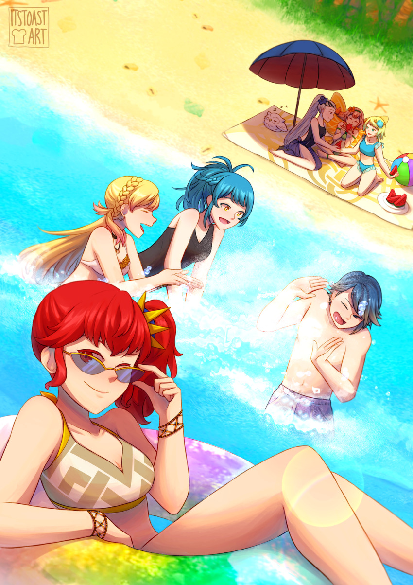 1boy, 6+girls, alfonse_(fire_emblem), anna_(fire_emblem), artist_name, bikini, blonde_hair, blue_hair, breasts, cleavage, eir_(fire_emblem), fairy_wings, feh_(fire_emblem_heroes), fire_emblem, fire_emblem_heroes, fjorm_(fire_emblem), highres, looking_at_viewer, matching_hair/eyes, multiple_girls, nintendo, one-piece_swimsuit, one_eye_closed, peony_(fire_emblem), red_eyes, red_hair, reginn_(fire_emblem), smile, splashing, sunglasses, swimsuit, toast_(oreocorio), wings, wink