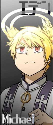 1boy, black_background, blonde_hair, character_name, clenched_hand, cross, frown, halo, jewelry, looking_up, lowres, michael_(housamo), pendant, portrait, priest, red_eyes, solo, spiked_hair, tokyo_houkago_summoners, tota_(kagerou996)