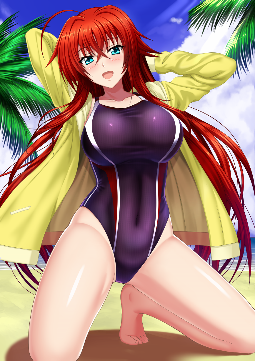 1girl, ahoge, arms_behind_head, arms_up, barefoot, beach, blue_eyes, blue_sky, blush, breasts, cloud, cloudy_sky, competition_swimsuit, covered_navel, feet, female_focus, hair_between_eyes, high_school_dxd, highleg, highleg_one-piece_swimsuit, highres, jacket, kneeling, large_breasts, long_hair, looking_at_viewer, one-piece_swimsuit, open_mouth, palm_tree, red_hair, rias_gremory, sand, shibata_rai, shiny_skin, sky, smile, solo, striped_clothes, striped_one-piece_swimsuit, swimsuit, toes, tree, yellow_jacket