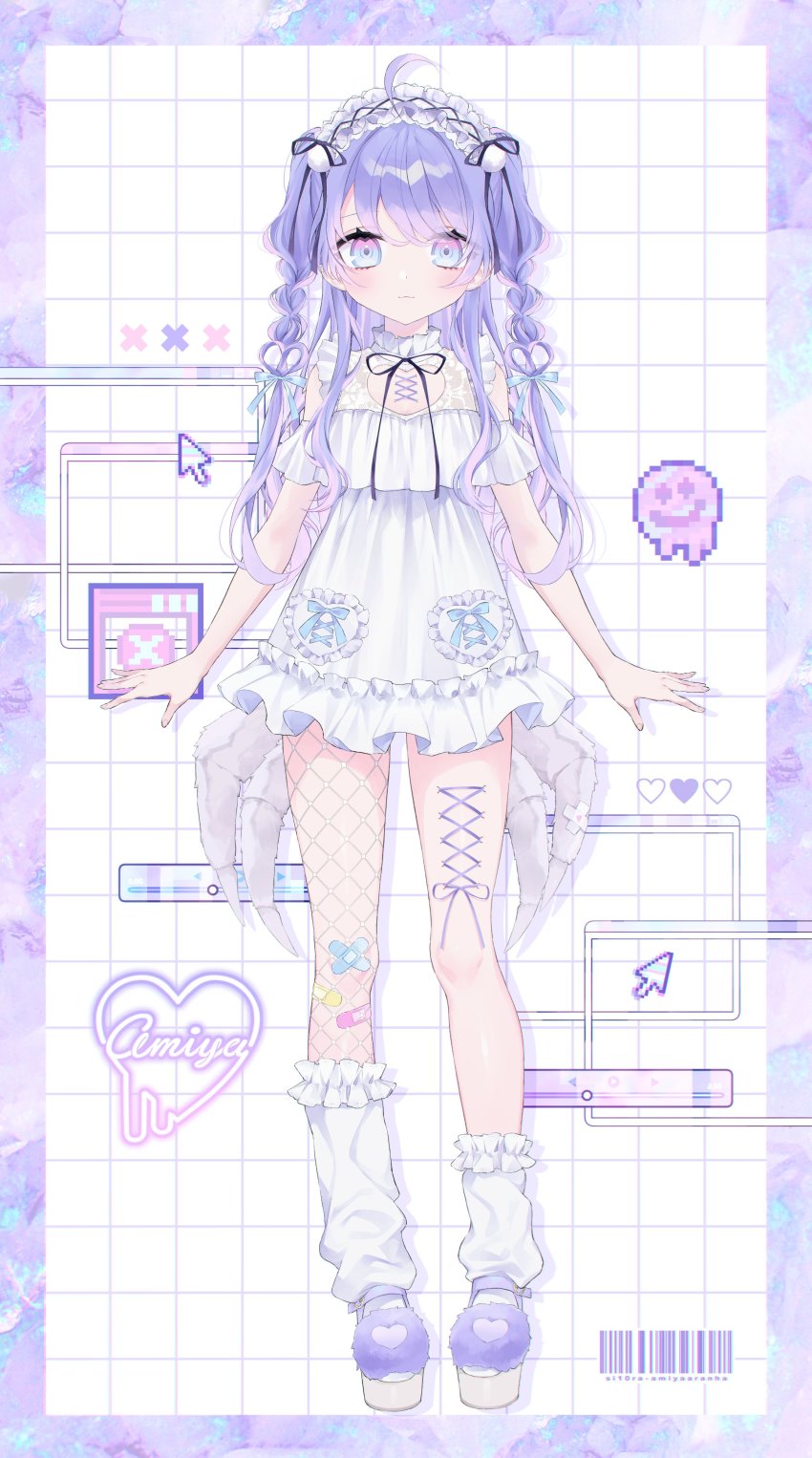 1girl, absurdres, amiya_aranha, amiya_aranha_(1st_costume), arthropod_girl, arthropod_limbs, bandaid, bandaid_on_knee, bandaid_on_leg, blue_bow, blue_eyes, bow, clothing_cutout, corset_piercing, cursor, dress, gradient_eyes, hairband, heart, highres, insect_girl, lolita_hairband, long_hair, loose_socks, mashiro_shiki, multicolored_eyes, official_art, open_hands, pink_eyes, platform_footwear, purple_hair, shoulder_cutout, socks, solo, spider_girl, tsunderia, tube_socks, two_side_up, virtual_youtuber, white_dress