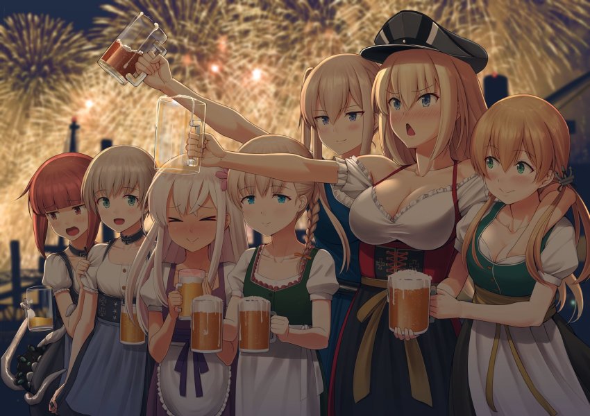 6+girls, alternate_costume, aqua_eyes, beer_mug, bismarck_(kancolle), blonde_hair, blue_eyes, braid, brown_eyes, cup, dirndl, german_clothes, graf_zeppelin_(kancolle), groping, hair_between_eyes, hat, highres, ichikawa_feesu, kantai_collection, long_hair, mug, multiple_girls, oktoberfest, peaked_cap, prinz_eugen_(kancolle), purple_eyes, red_hair, ro-500_(kancolle), shin'you_(kancolle), shin'you_(oktoberfest)_(kancolle), short_hair, single_braid, z1_leberecht_maass_(kancolle), z1_leberecht_maass_(oktoberfest)_(kancolle), z3_max_schultz_(kancolle)