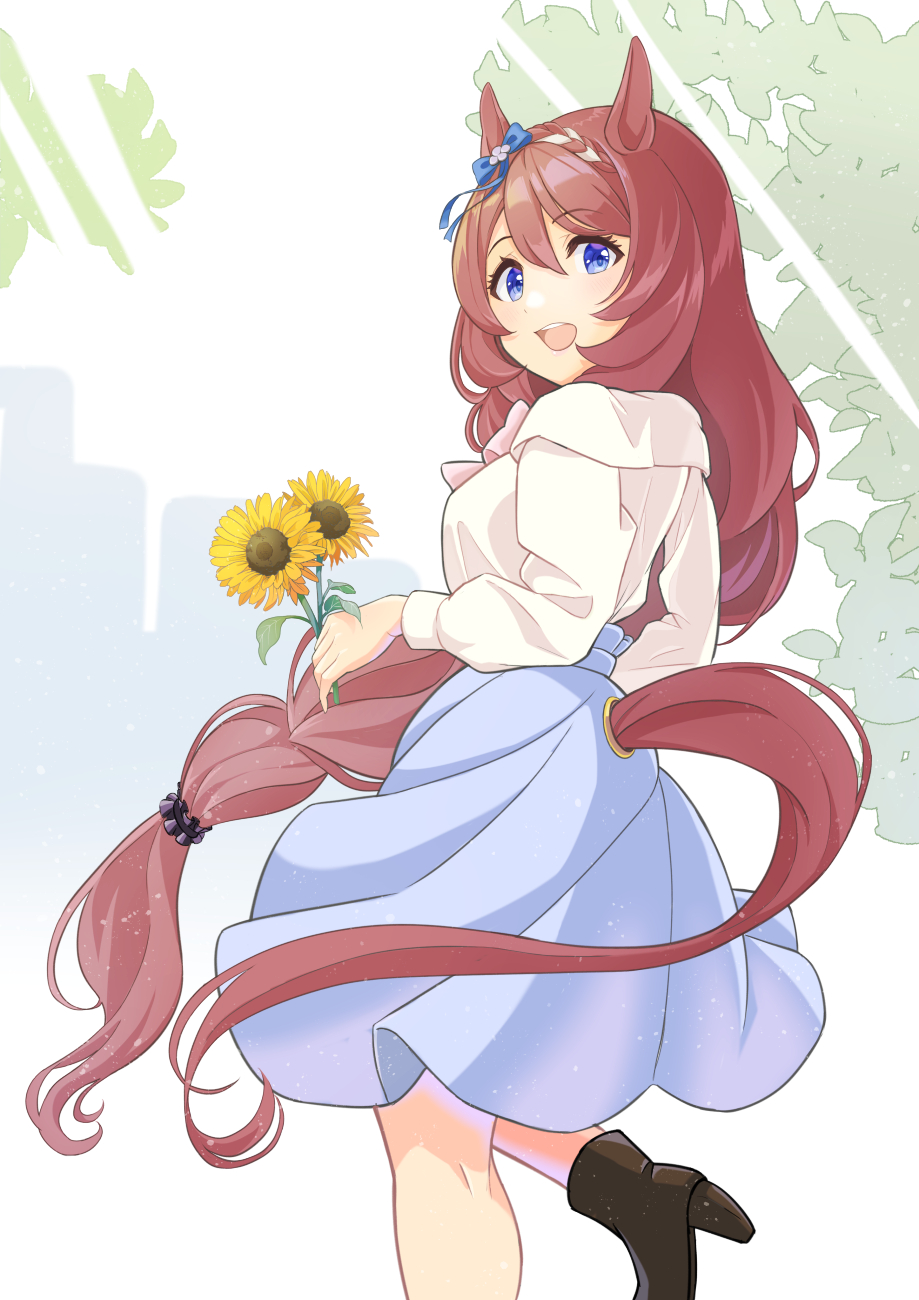 1girl, animal_ears, ankle_boots, black_boots, black_sclera, blue_eyes, blue_skirt, boots